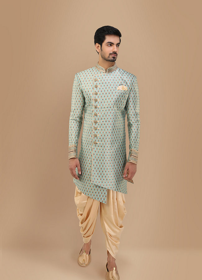 alt message - Manyavar Men Precious Green Indo Western Set image number 1